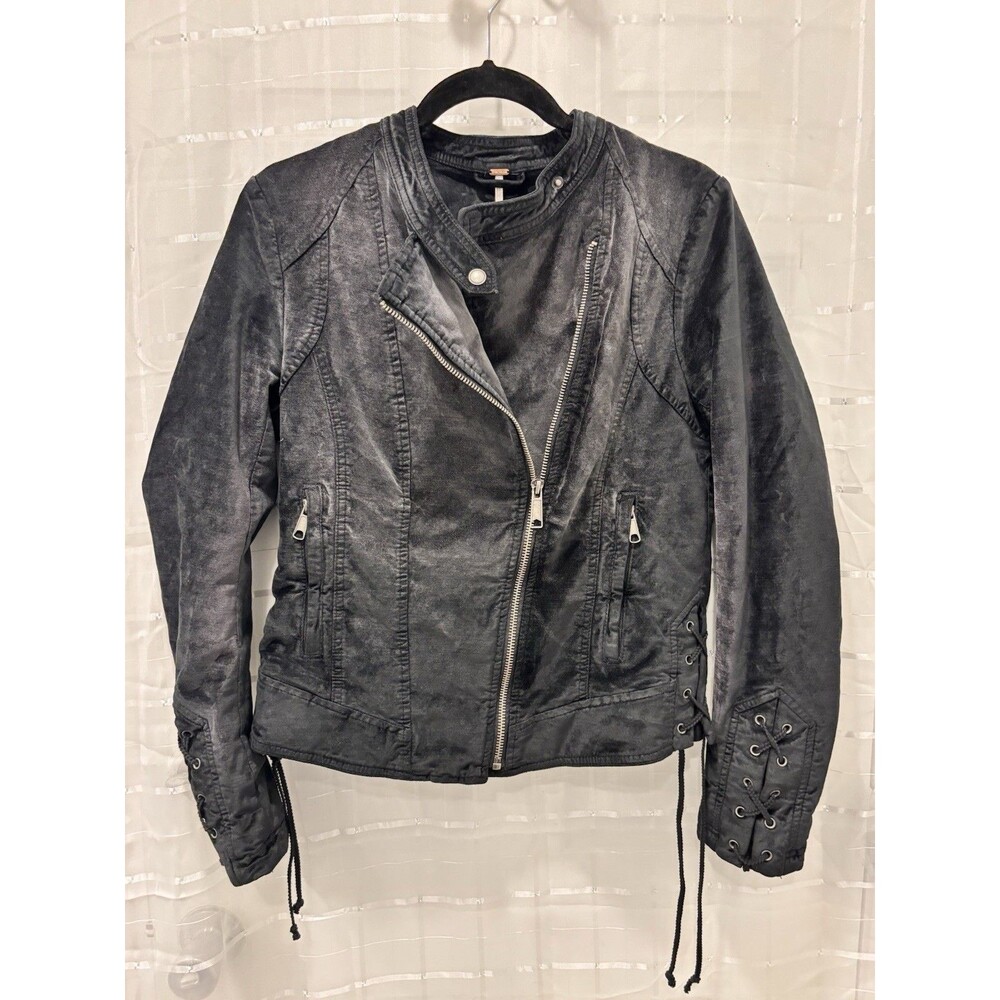 Free People Black Moto Jacket Women’s Medium Lace Up Biker Asymmetrical Zip